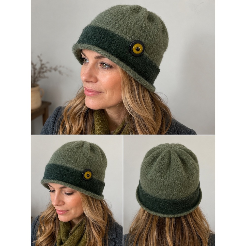 Susan Salomon Button Bay Fiber Arts Green Wool Felted Cloche Hat Handmade Button